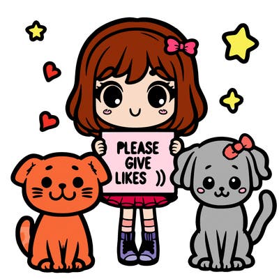cute girl with cat ans dog holding a sighn "please give likes :)"