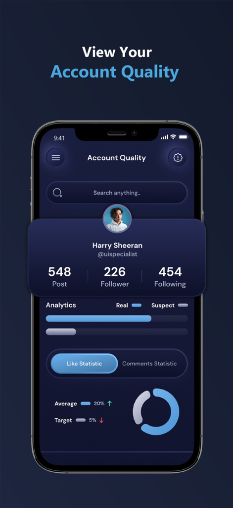 ProReports+ Unfollowers IG - Mobile app interface showing Instagram account quality metrics including follower authenticity and engagement statistics