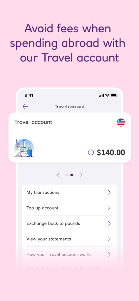 Ulster Bank NI Mobile Banking - Ulster Bank NI mobile app travel account interface showing a US dollar balance and currency management options