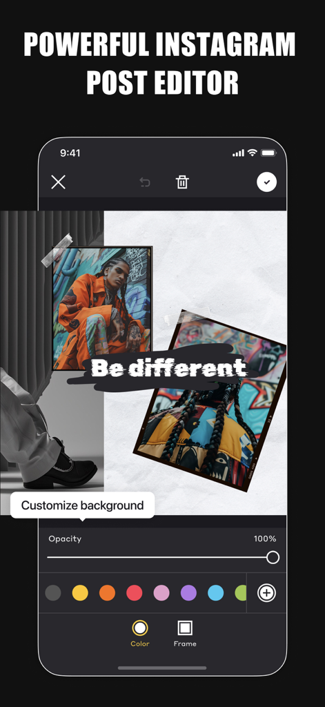 GRIDS Post maker for Instagram - Una pantalla de smartphone móvil que muestra la interfaz de la aplicación GRIDS para editar publicaciones de Instagram con personalización de fondo y herramientas de diseño de fotos.