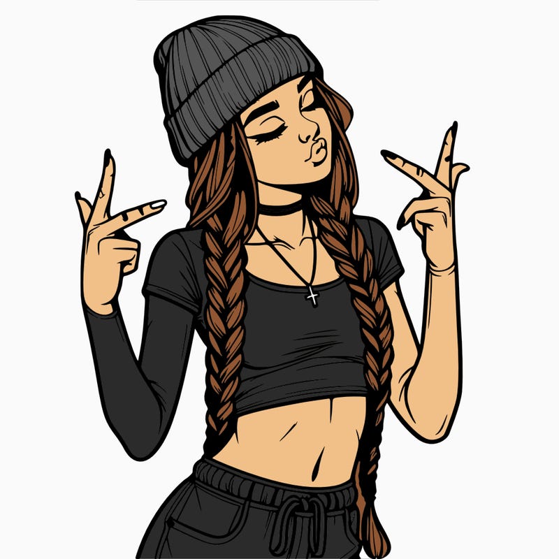 realistic teenage girl with braids and a beanie and crop top doing 🫶🏼