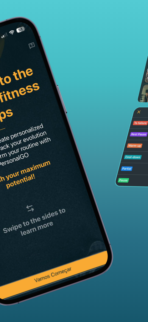 PersonalGO - Tela de integração do aplicativo PersonalGO destacando fitness personalizado e recursos de acompanhamento de progresso