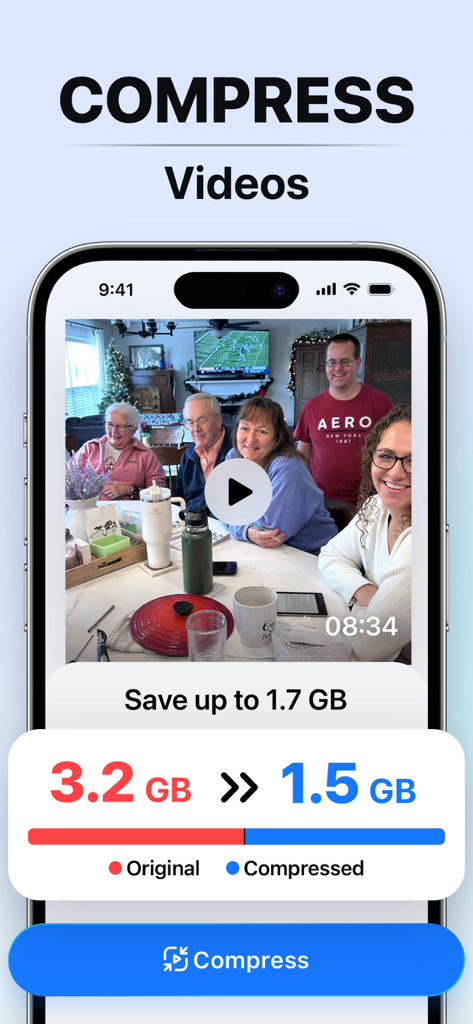 Interfaz de la aplicación CleanSlate que muestra la compresión de video de 3.2 GB a 1.5 GB para ahorrar espacio de almacenamiento
