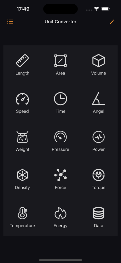 Smart-Calculator Pro - Interfaz del conversor de unidades de Smart-Calculator Pro que muestra iconos para longitud, área, volumen, velocidad, tiempo y otras unidades de medida.