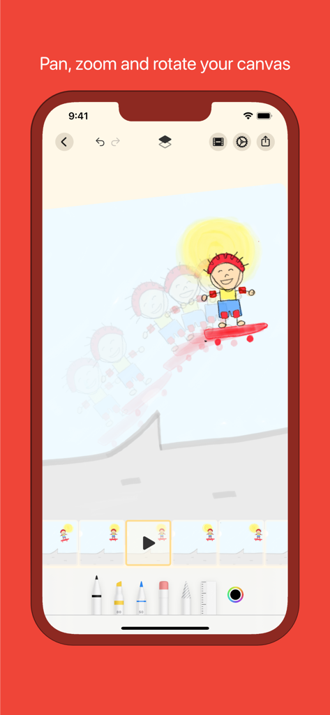 FlipKit app interface demonstrating canvas navigation while animating a character on a skateboard