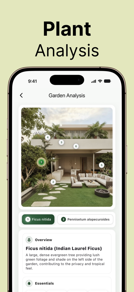 Interface de l'application Garden AI montrant la fonction d'analyse des plantes avec un aménagement de jardin moderne et des descriptions spécifiques de plantes comme Ficus de lauriers indiens