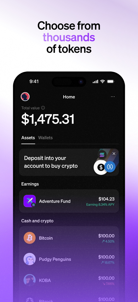 MoonPay: Buy Crypto & Bitcoin - Schermata principale dell'app mobile MoonPay che mostra il valore totale del conto e un elenco di vari asset e token di criptovalute.