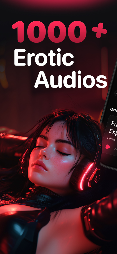 Audero - Erotic Audio Stories - Audero app promotional image showing a woman wearing glowing headphones and text for 1000 plus erotic audios