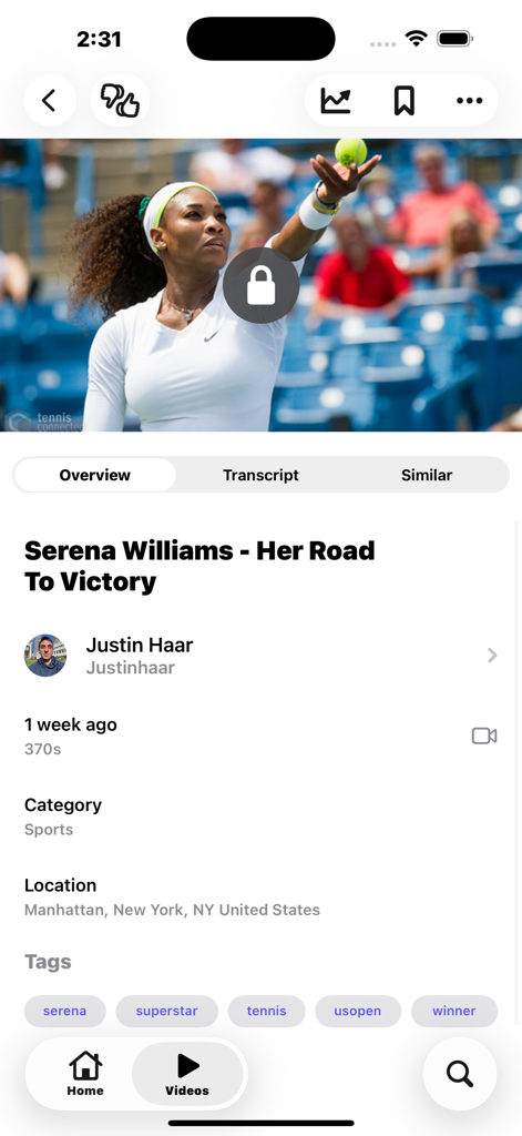 Eden: Watch Video, Meet People - Premium sports video details screen in the Eden app featuring Serena Williams