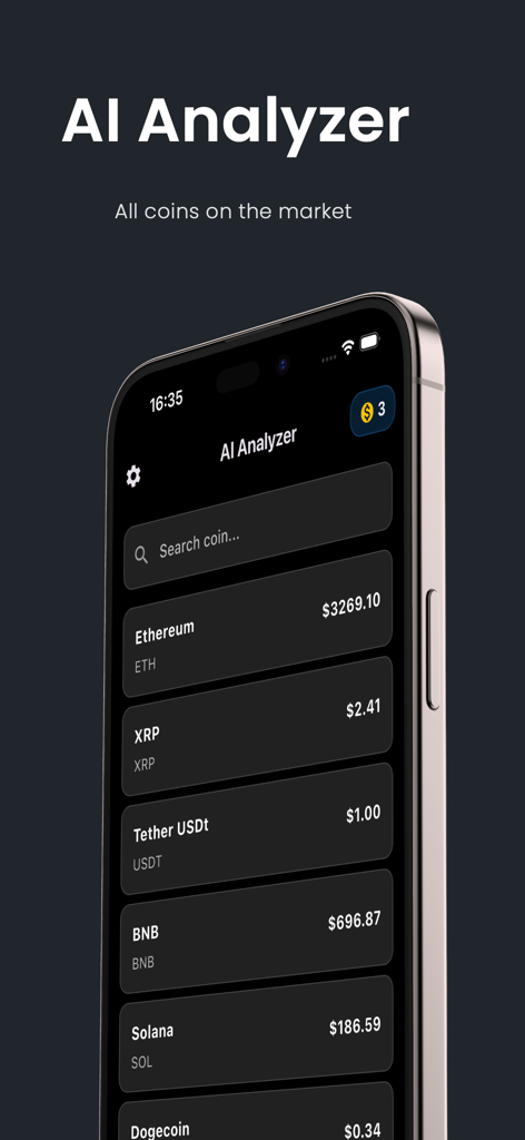 AI Analyzer - AI Analyzer mobile app interface displaying real-time cryptocurrency prices and a list of coins including Ethereum and Solana
