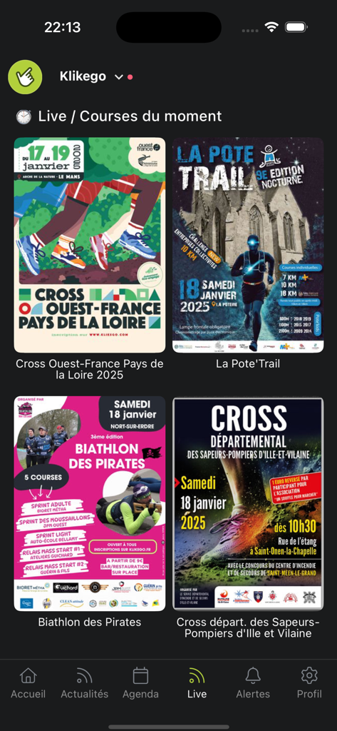Klikego - Klikego mobile app screen showing a grid of live and upcoming sports event posters like trail runs and cross-country races.
