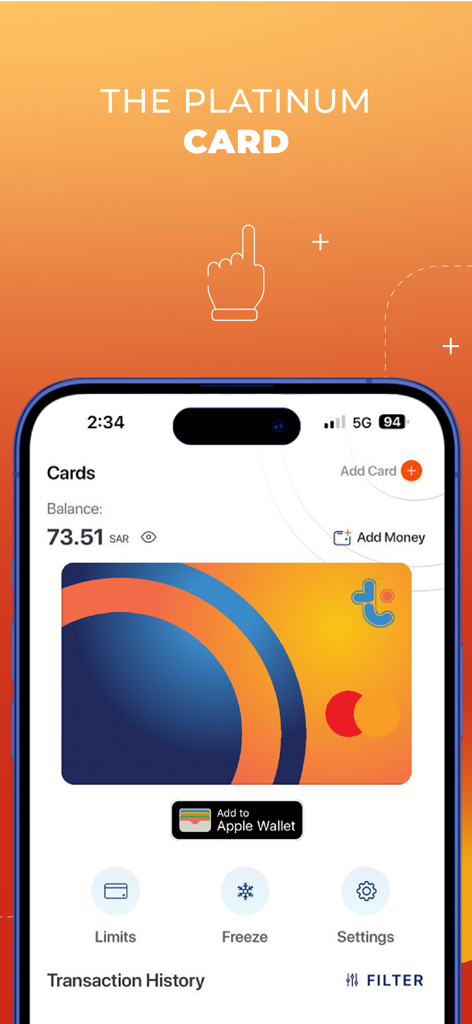 tiqmo - TIQMO 앱 디지털 플래티넘 마스터카드와 잔액 정보, 동결 및 한도와 같은 관리 기능을 표시하는 스마트폰 화면.