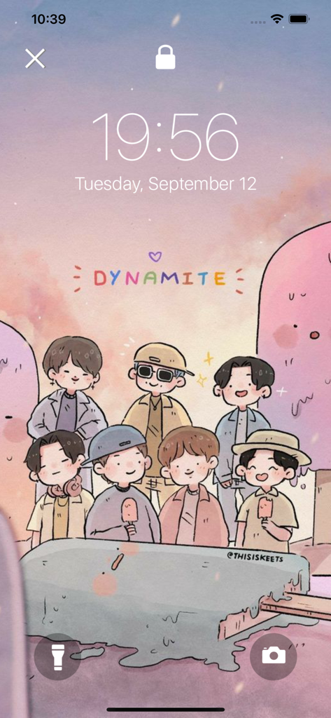 Cute BTS Live Wallpapers HD - A cute chibi-style illustration of BTS members with the text Dynamite on a pastel iPhone lock screen