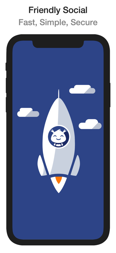Friendly Plus Social Browser - Pantalla de inicio del Navegador Social Friendly Plus mostrando un cohete despegando con el lema Rápido Simple Seguro