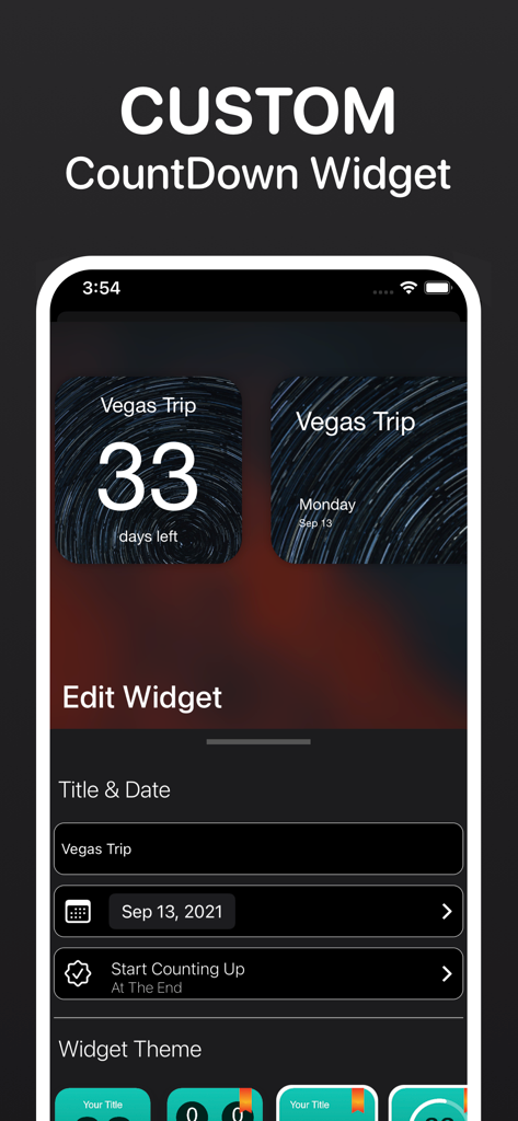 Countdown widget : Day Counter - Interface do usuário para editar um widget de contagem regressiva personalizado para a viagem a Las Vegas, mostrando 33 dias restantes