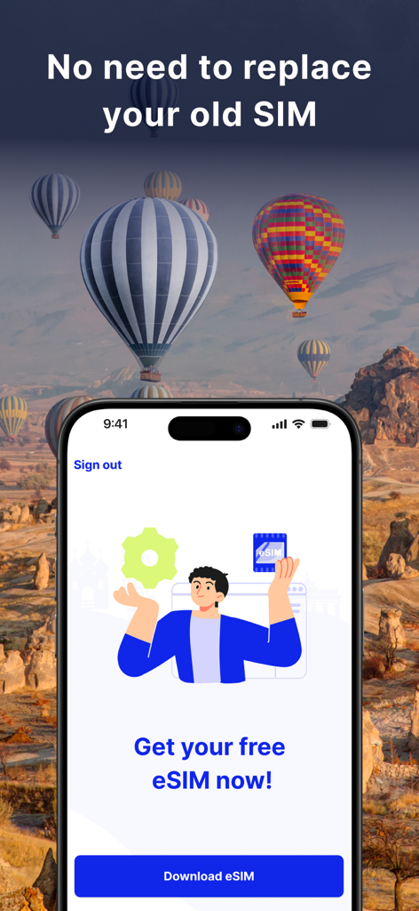 BetterRoaming: eSIM for Travel - Écran d'application mobile BetterRoaming proposant une eSIM gratuite pour voyager sans remplacer la carte SIM physique