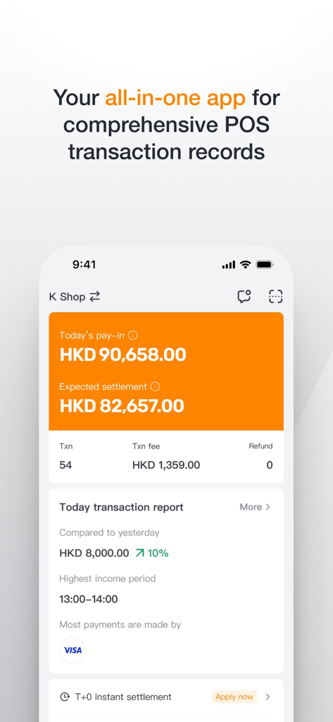 KPay - KPay mobile app dashboard showing today's pay-in, expected settlement, and transaction report summary for small business owners.