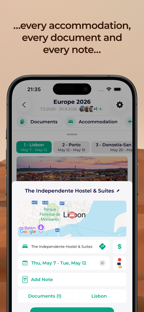Lambus | Travel Planner - Interface do aplicativo Lambus mostrando detalhes de acomodação e mapa de localização para um roteiro de viagem