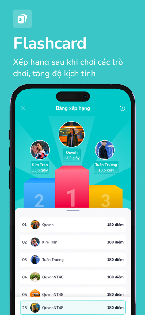 Riki - Tela de aplicativo móvel mostrando um placar competitivo para jogos de flashcards de língua japonesa na plataforma Riki.