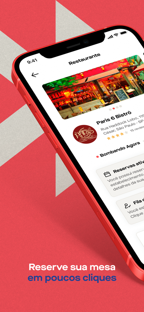 Smartphone showing the Get In app restaurant profile and reservation interface.