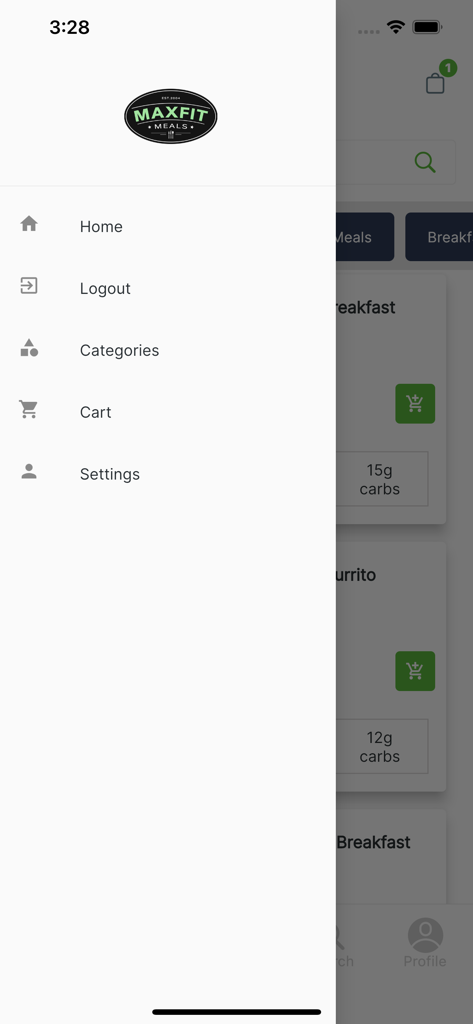 Um menu de navegação lateral dentro do aplicativo Max Fit Meals exibindo links para Início, Sair, Categorias, Carrinho e Configurações.