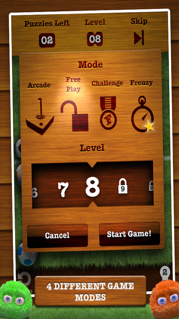 Fling! - Menu do jogo de puzzle Fling mostrando os modos Arcade, Jogo Livre, Desafio e Frenesi com personagens de bolinhas de pelos.