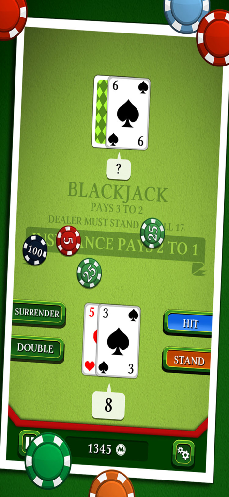 Classic blackjack mobile game interface with a green felt table, cards, and betting chips.