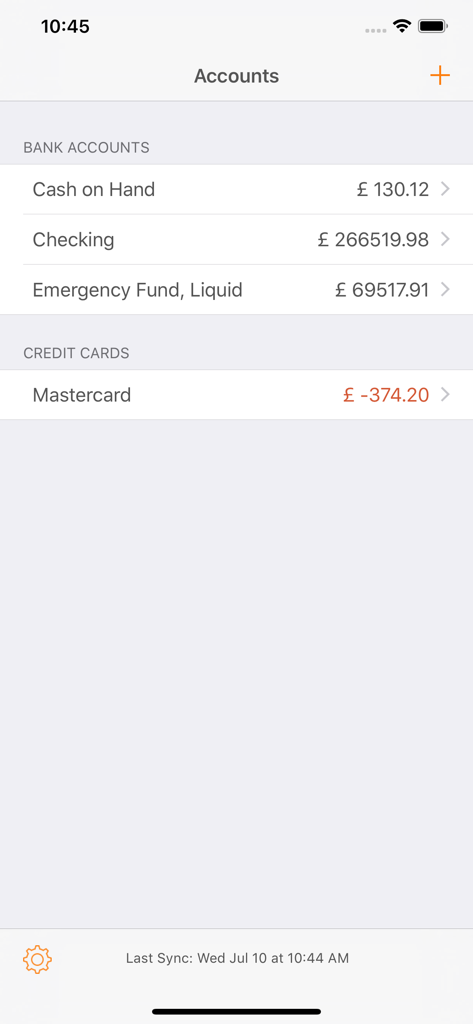 Uma lista de contas bancárias e cartões de crédito com seus saldos atuais no aplicativo móvel Moneydance.