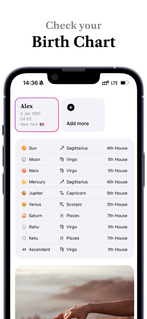 Luna: Your Moon Calendar - Luna-App-Oberfläche, die ein detailliertes astrologisches Geburtshoroskop mit Planeten und Häusern anzeigt.