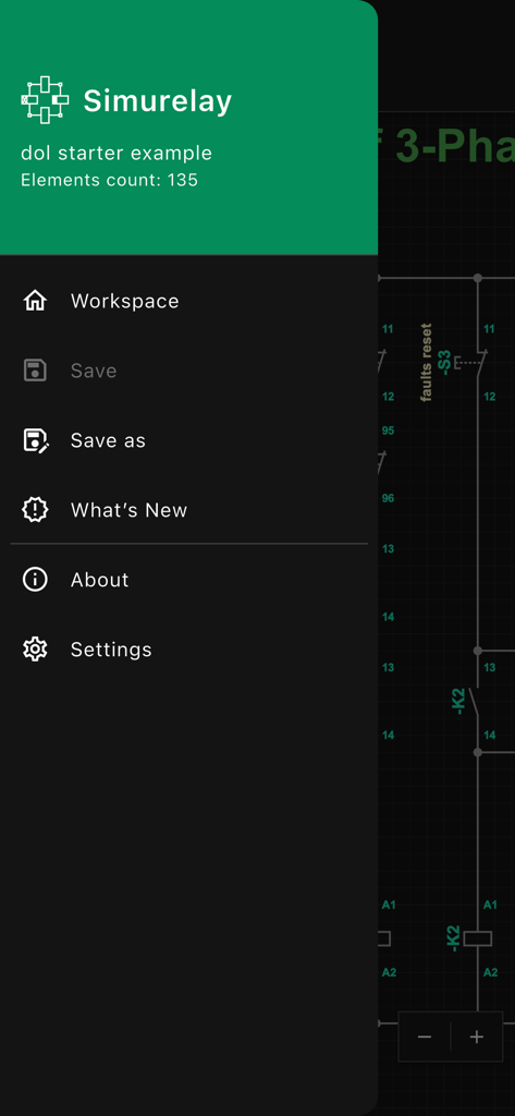 Simurelay - Navigation menu in the Simurelay app overlaying a DOL starter circuit diagram example.
