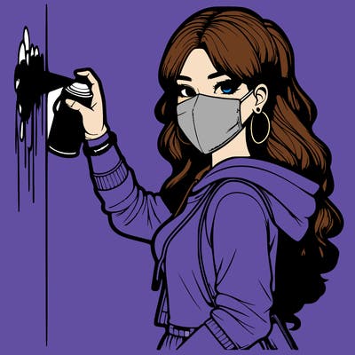 realistic girl with mask spray painting a wall