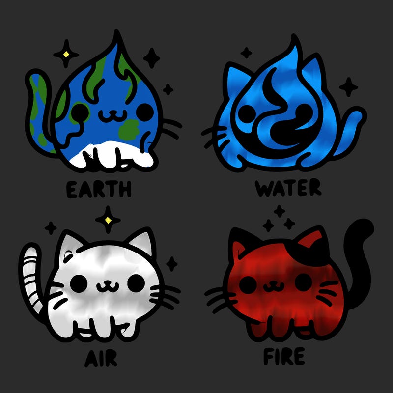 4 cats that represent the different elements, earth, water, air, and fire