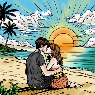 people kissing in the sunset on the beach realistic