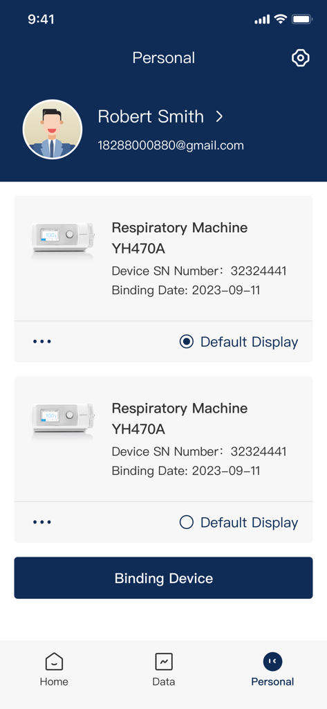 Personal profile and device management screen in the BreathCare plus app showing a user name and connected CPAP machines