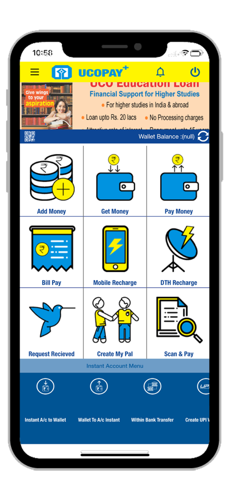 UCOPAY plus digital wallet app interface with options for bill payment and mobile recharge