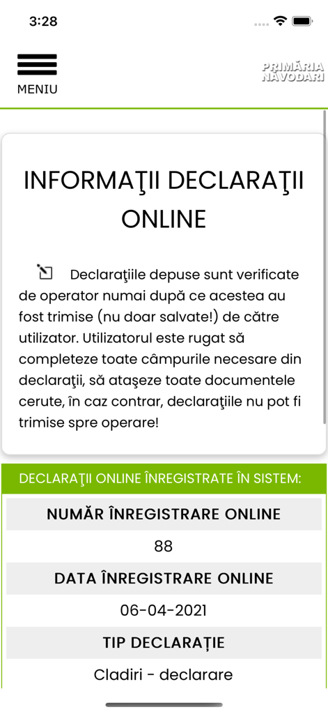 eTax Năvodari - Information about online declarations on the eTax Navodari mobile app