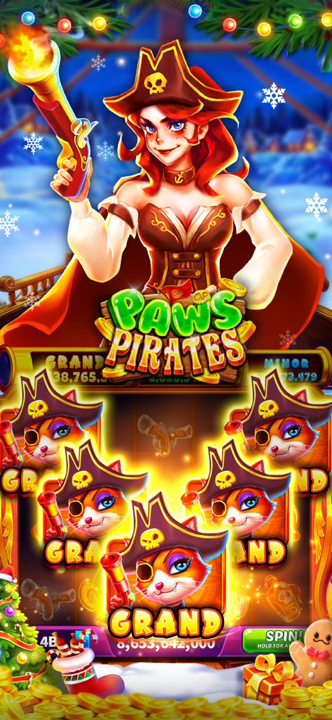 Jackpot Wins - Slots Casino - Interfaz de máquina tragamonedas "Paws Pirates" con un personaje pirata femenino y decoraciones navideñas festivas en Jackpot Wins.