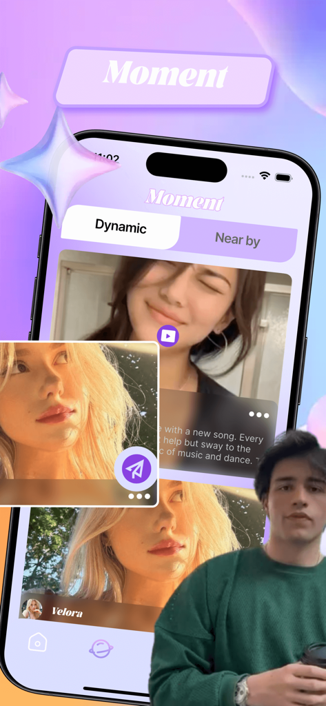 Interface of ShowVibe app showing the moments feed with AI dance partner profiles.