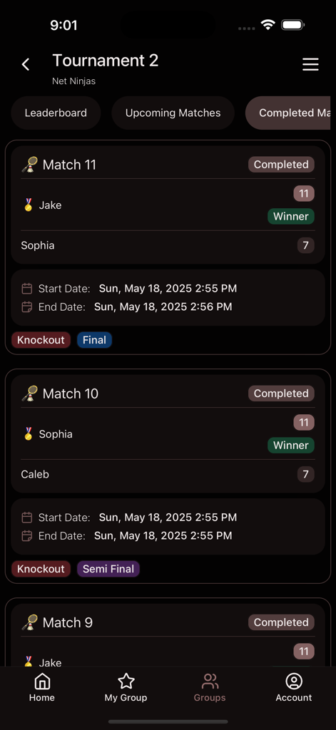 A screen showing completed badminton tournament matches with scores and winners for a private group.