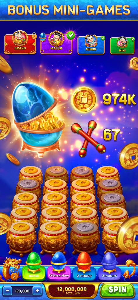 A screenshot of the Dancing Drums Slots Casino app showing the bonus mini games interface with jackpots and drum symbols.