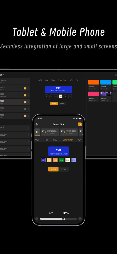 Godox Light app interface shown on a tablet and a mobile phone highlighting seamless integration and color filter control