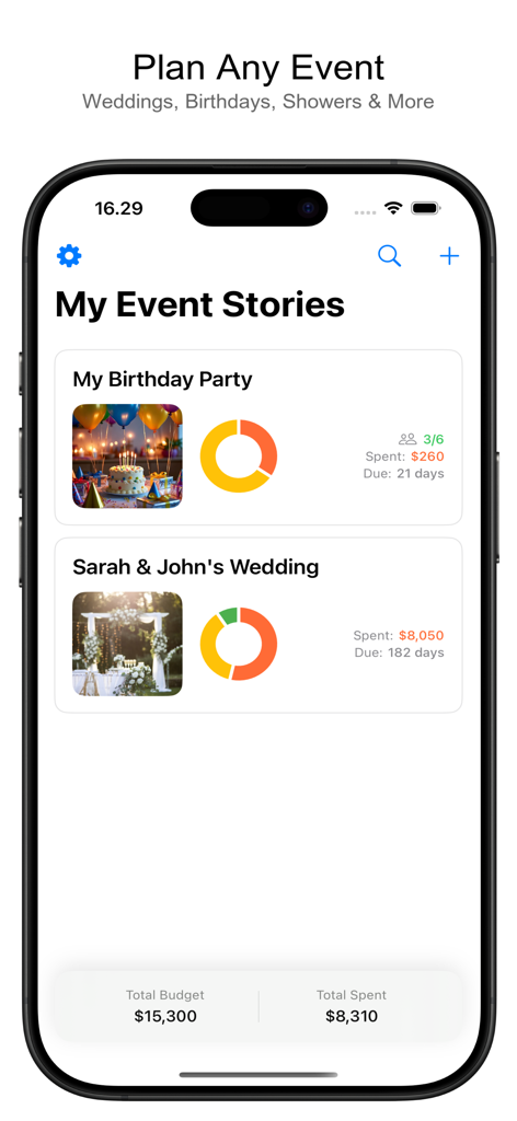 Event Stories - Party Planner - Panel de la aplicación móvil que muestra una lista de eventos planificados como una fiesta de cumpleaños y una boda con gráficos de seguimiento de presupuesto