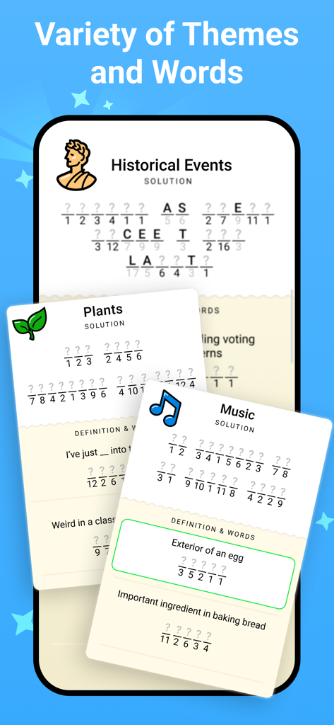 Figgerits - Word Puzzle Games - Captura de tela do jogo de quebra-cabeça de palavras do Figgerits mostrando variedade de temas incluindo eventos históricos, plantas e música