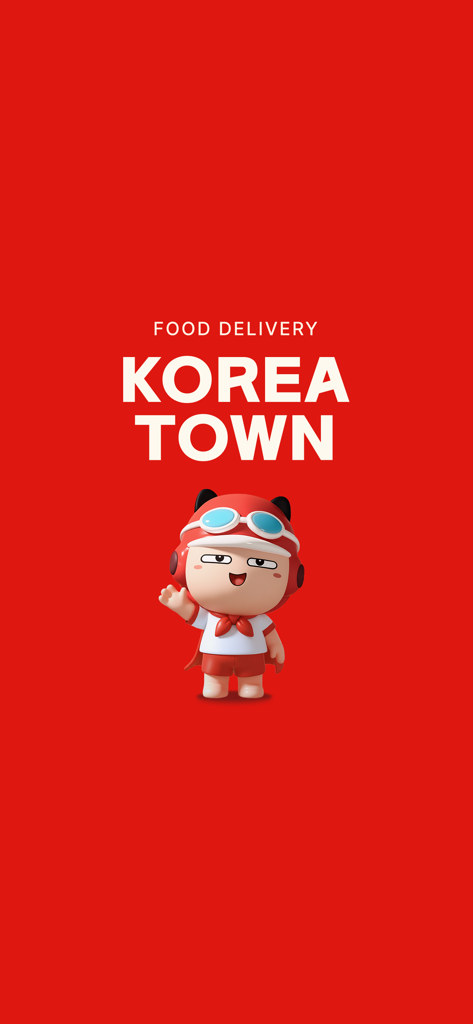 La pantalla de presentación de la aplicación Korea Town Delivery con un lindo personaje mascota saludando sobre un fondo rojo brillante.