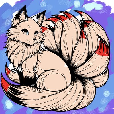 realistic detailed 9 tailed anime fox
