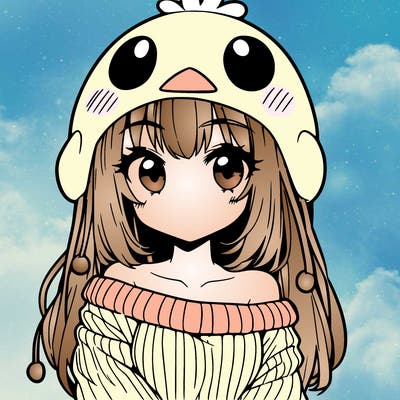 anime girl with chick shaped hat with sweater with bare shoulders with bangs covering them one eye with low tail