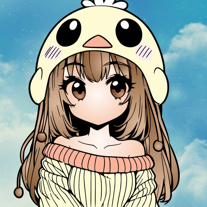 anime girl with chick shaped hat with sweater with bare shoulders with bangs covering them one eye with low tail
