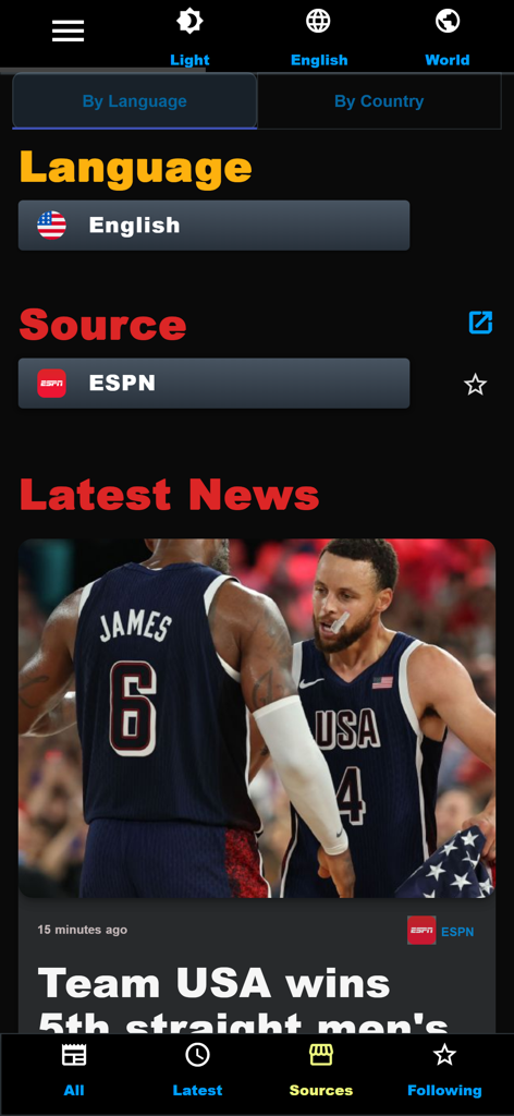 Spark News: Breaking Now - Spark News app interface showing a sports news source from ESPN with an article about Team USA basketball.