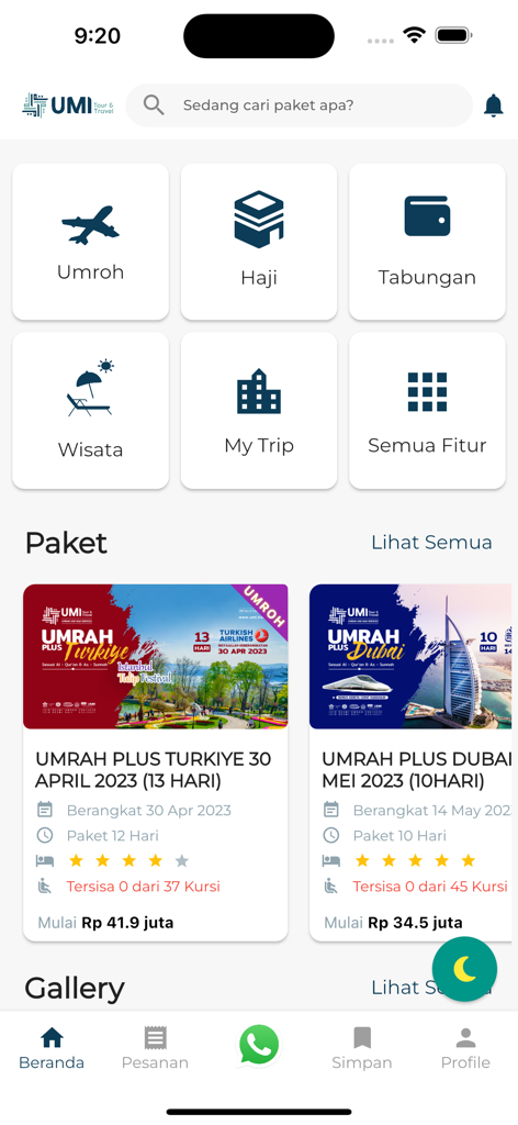 UMI Tour Travel - UMI Tour Travel mobile app home screen showing pilgrimage packages for Umrah and Haji with price details and icons for travel services