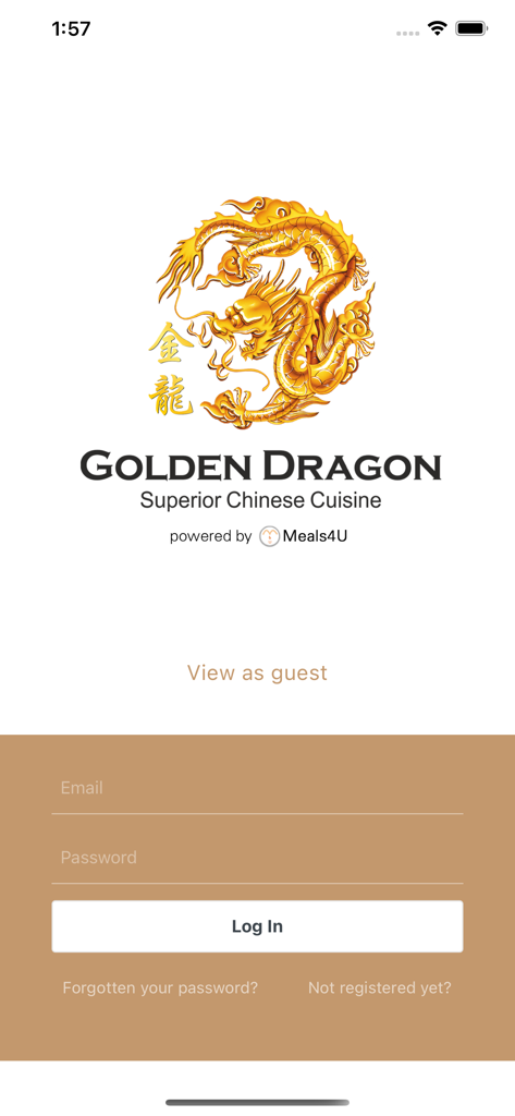 Pantalla de inicio de sesión para la aplicación móvil Golden Dragon Truro con un logo de dragón dorado y campos de inicio de sesión.